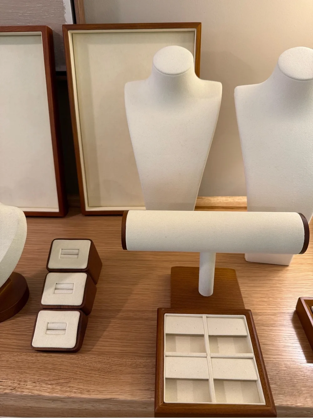 Cream fabric Jewelry Display Set with Wood Accents